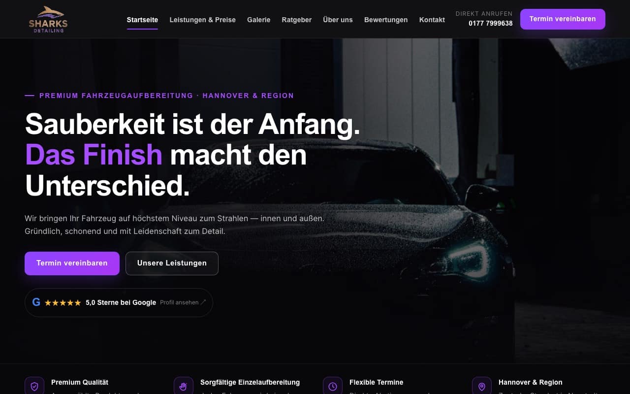 Website Sharks Detailing – von BBR Management umgesetzt