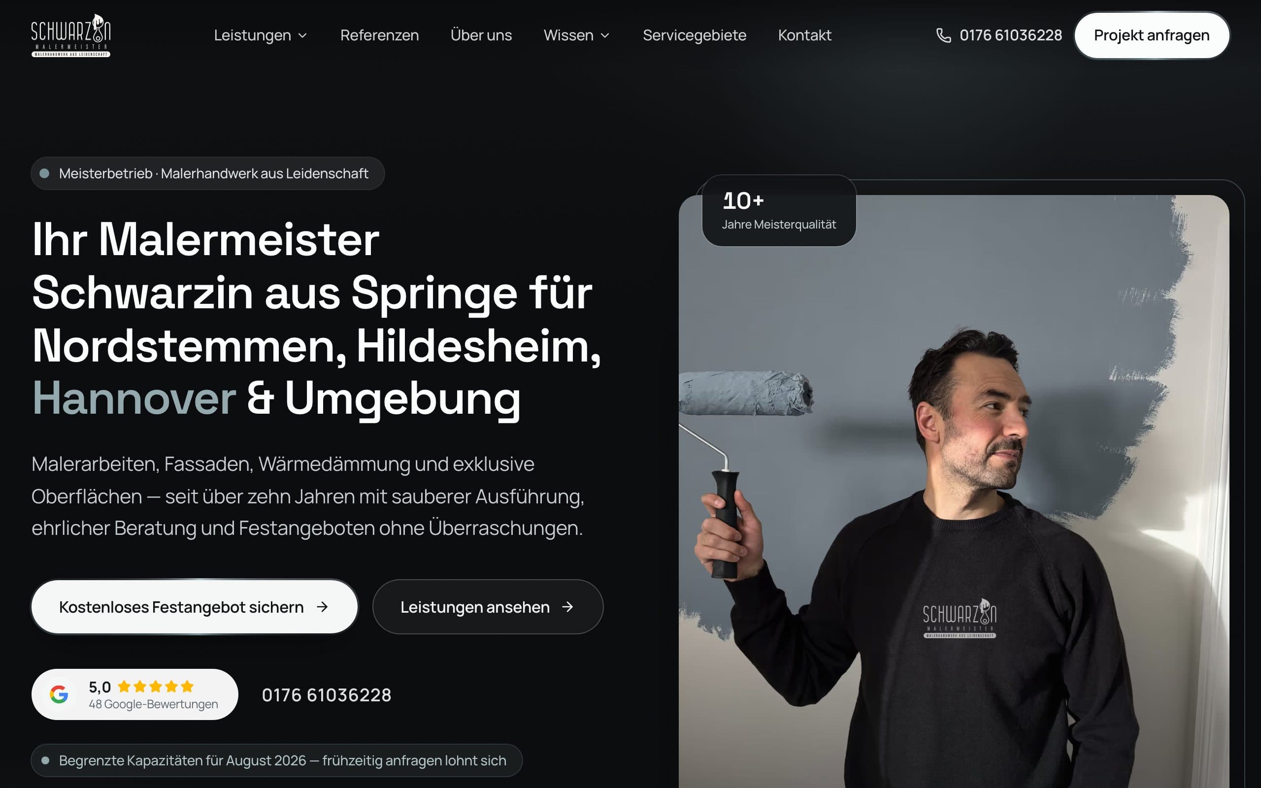 Website von Malermeister Schwarzin – Startbereich mit Navigation und Hero