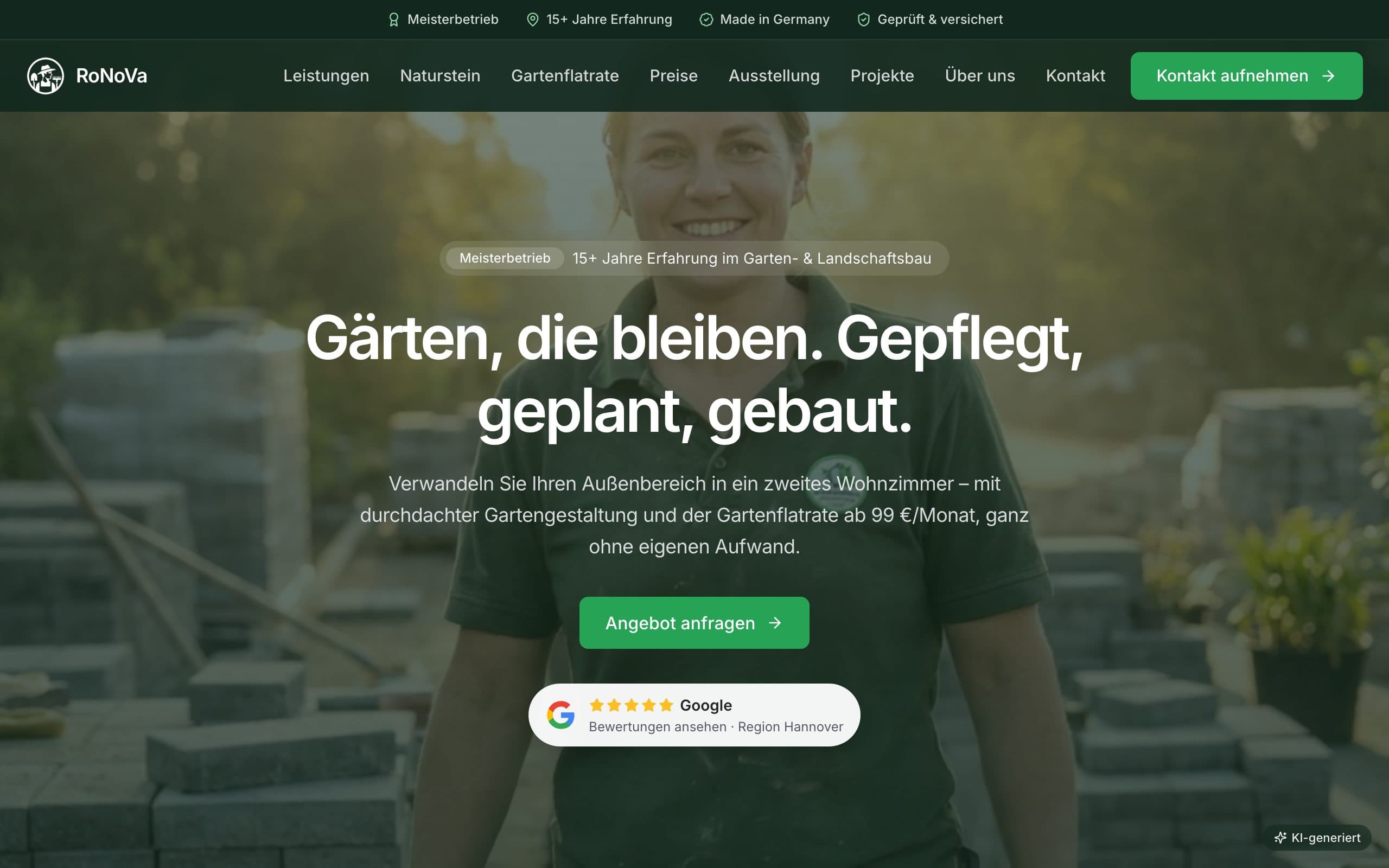 Website von RoNoVa Baudienstleistung GmbH – Startbereich mit Navigation und Hero