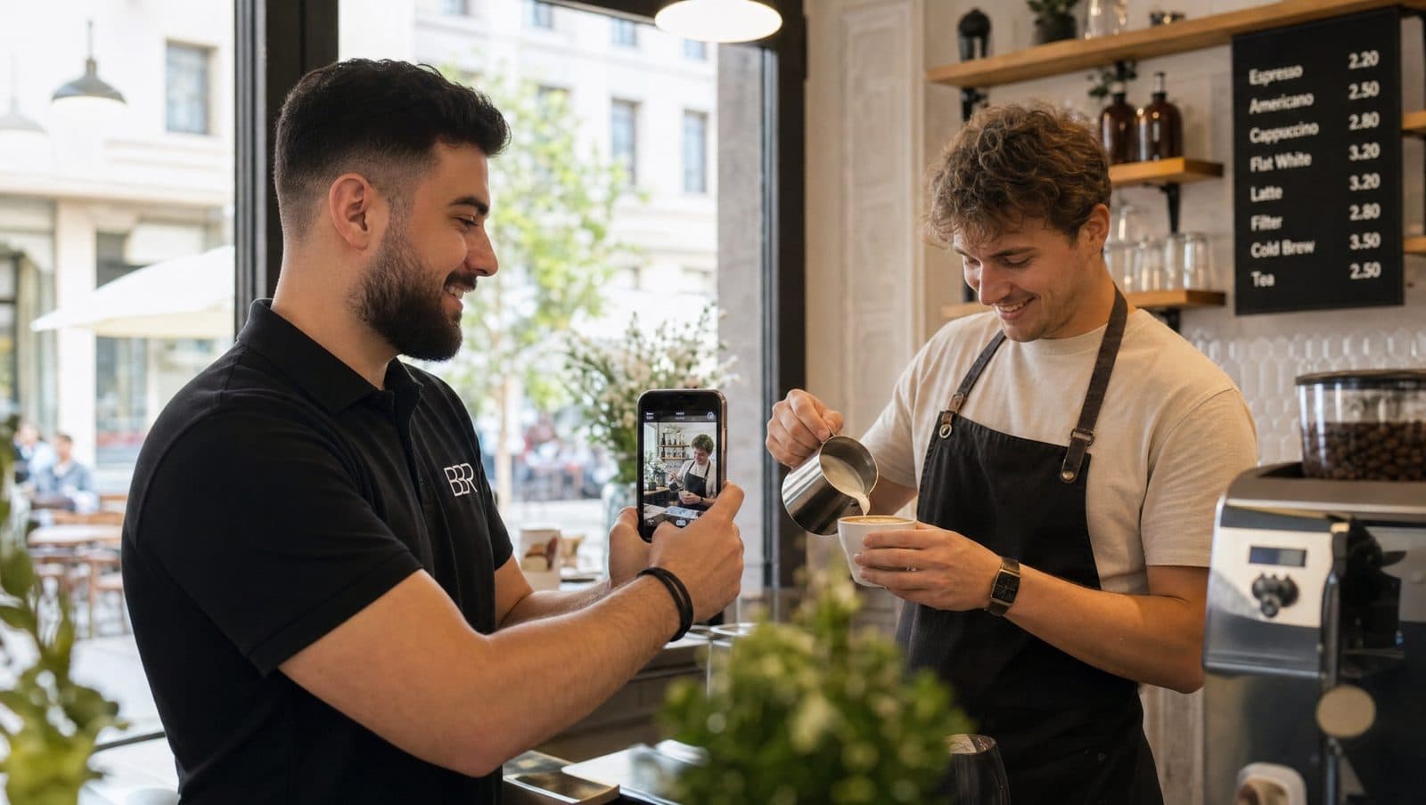 Burak Baris filmt einen Barista mit dem Smartphone für Social-Media-Content in einem Café