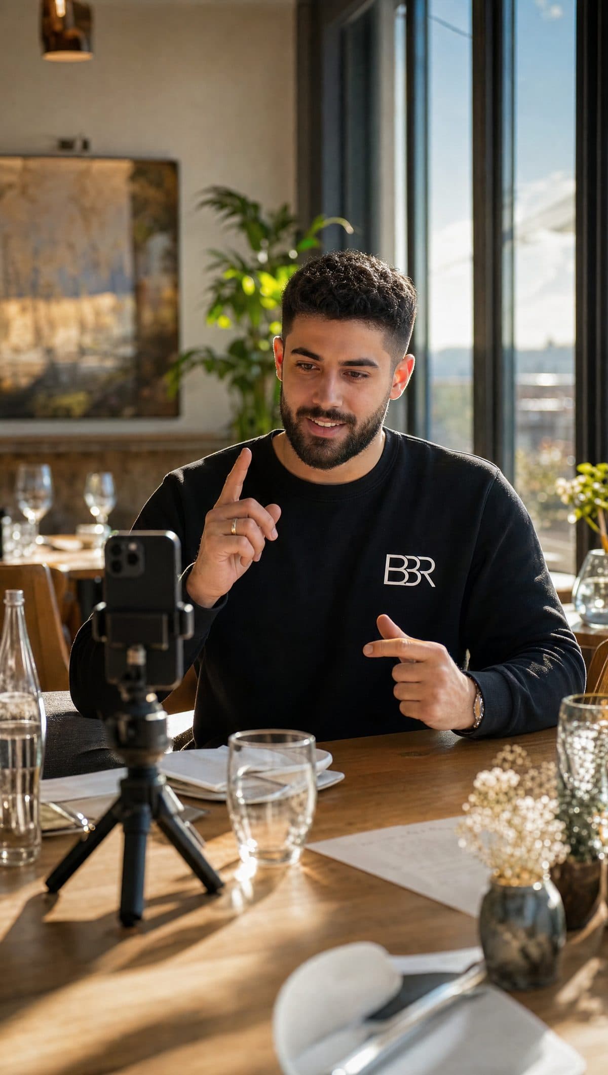 Burak Baris richtet ein Smartphone-Stativ für einen Reels-Dreh in einem Restaurant ein