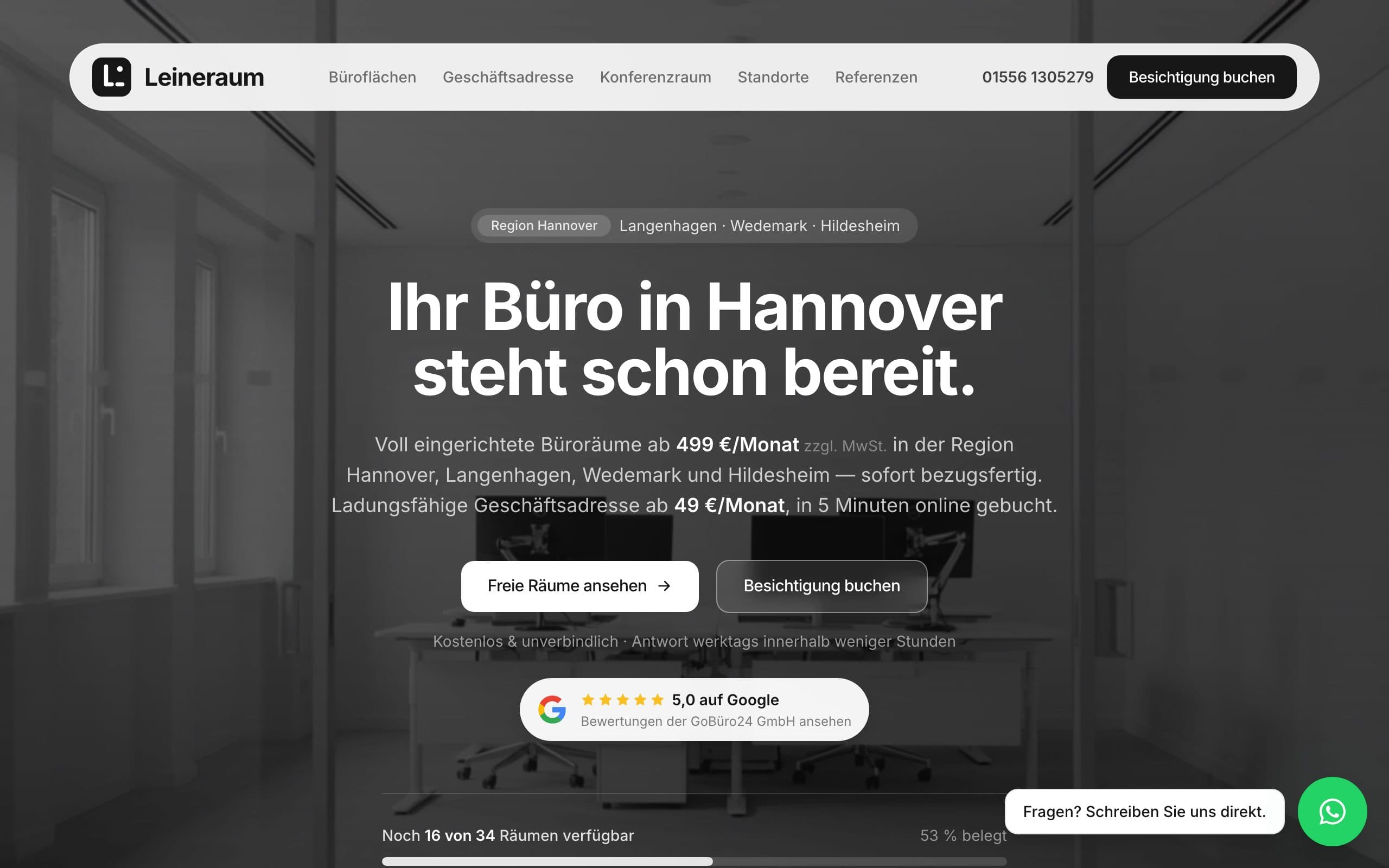 Website von Leineraum – Startbereich mit Navigation und Hero