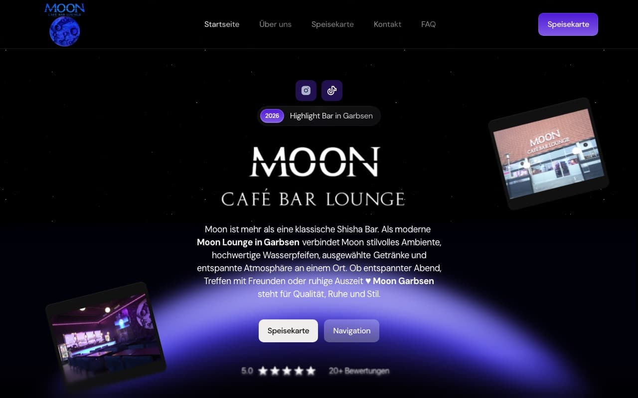 Website von Moon Lounge Garbsen – Startbereich mit Navigation und Hero