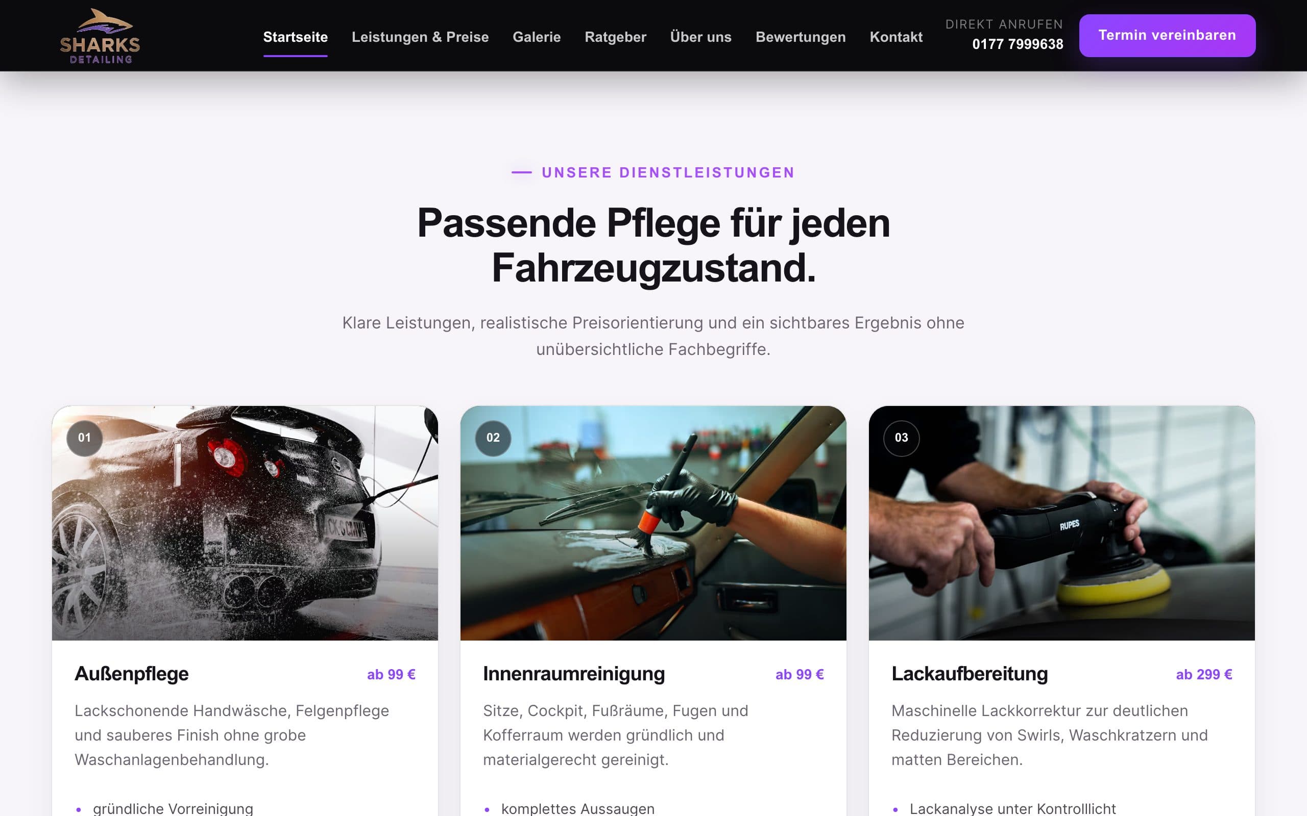 Website von Sharks Detailing – Ausschnitt aus dem Seiteninhalt