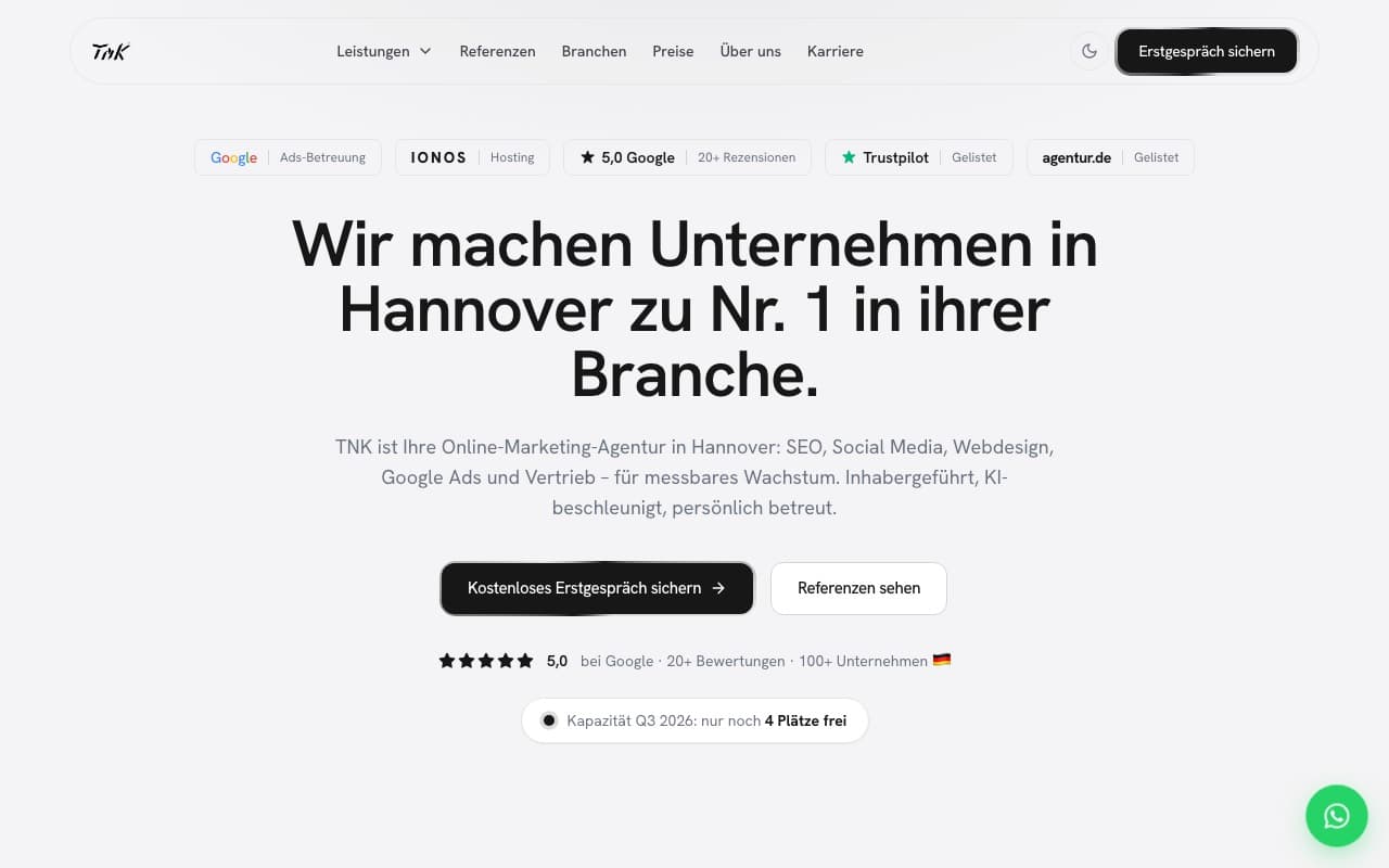 Website von TNK Group – Startbereich mit Navigation und Hero